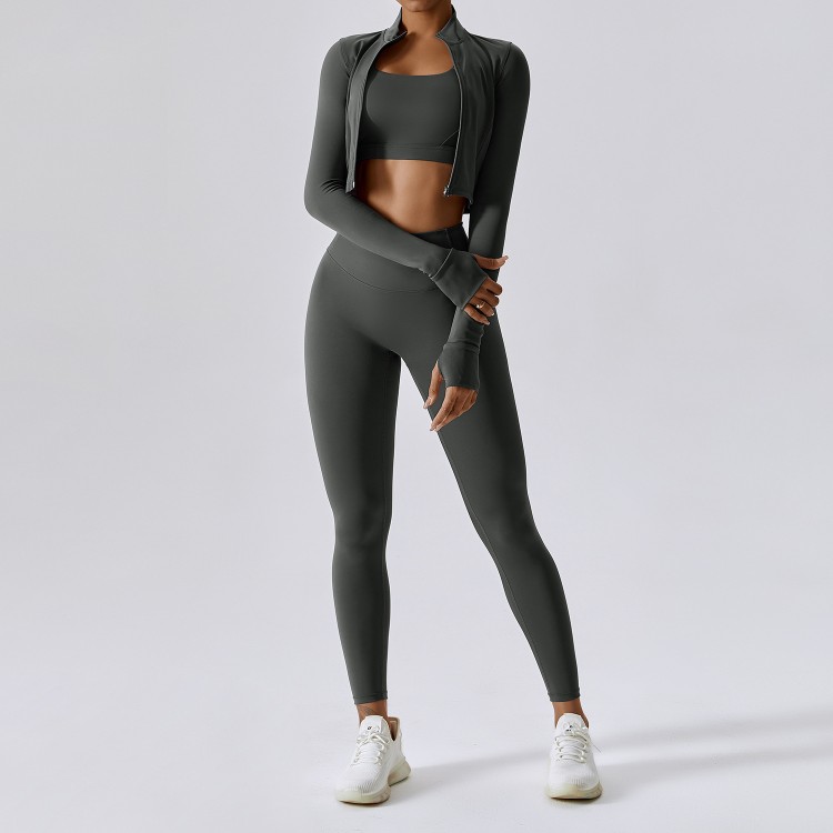 Fall Winter Workout Sets Women 2/3/4 Pieces Yoga Fitness Clothes Long Sleeve Crop Top and Pants Set Gym Clothes Activewear sets