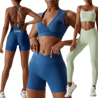 Custom Workout Yoga Sports Clothes 5 Piece Set Women Gym Crop Top Fitness Yoga Bra Shorts Leggings Sets Sportswear
