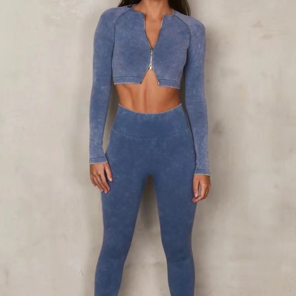 2023 High Quality Seamless Workout Yoga Suit  For Women Long Sleeve Cowboy Double Zipper Exercise Fitness Set