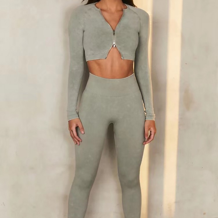 2023 High Quality Seamless Workout Yoga Suit  For Women Long Sleeve Cowboy Double Zipper Exercise Fitness Set